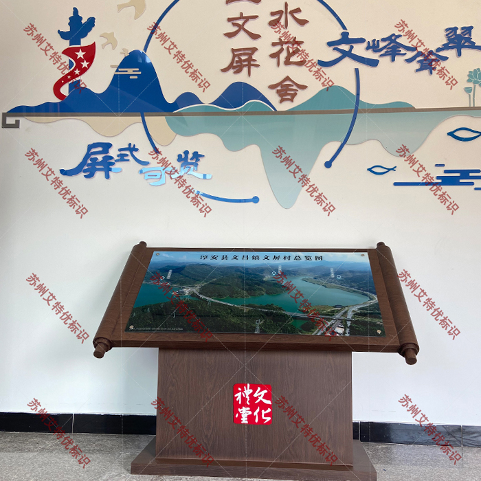 中式画卷卷轴式金属木纹大厅导示牌